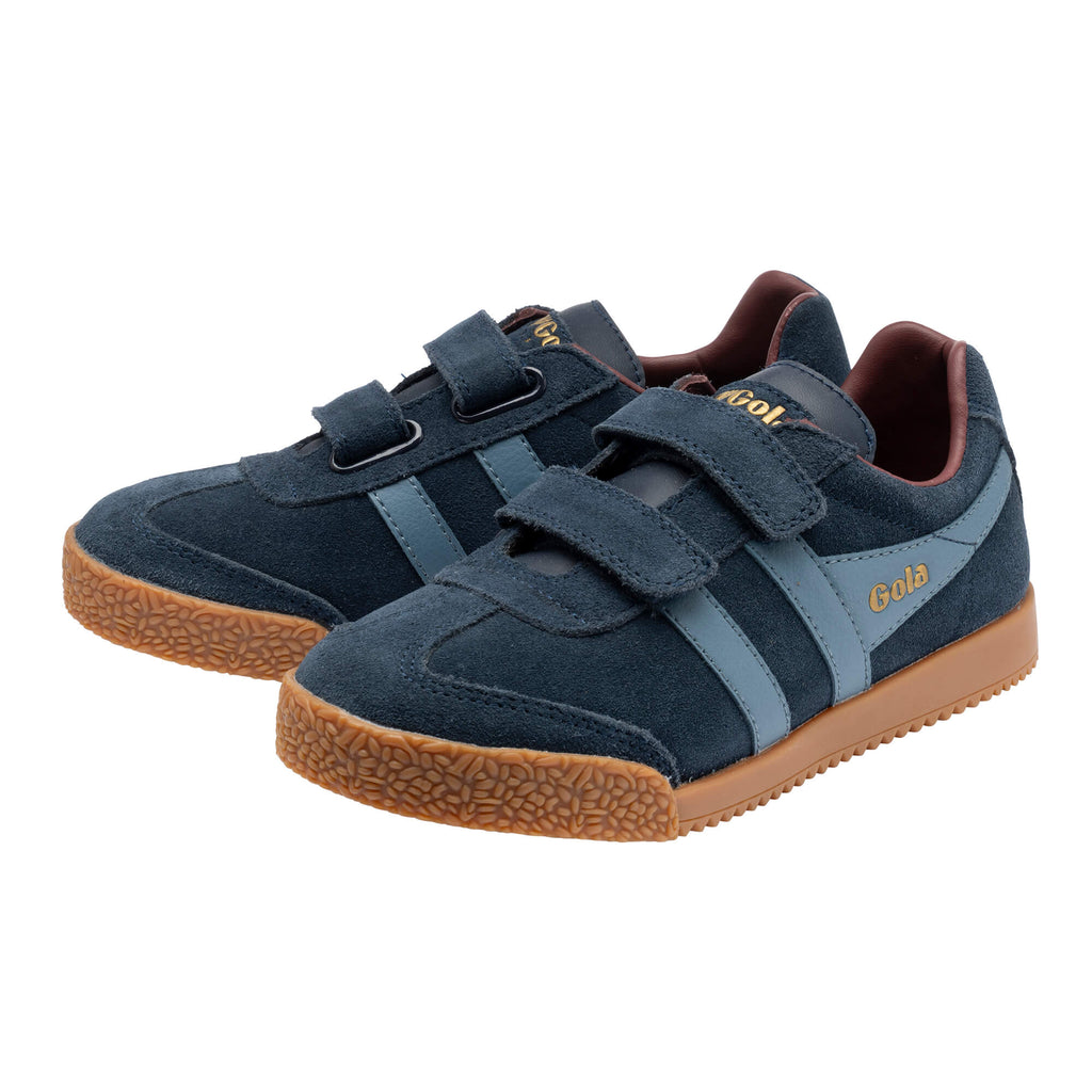 Pair of navy blue Gola trainers with light blue stripes and brown soles