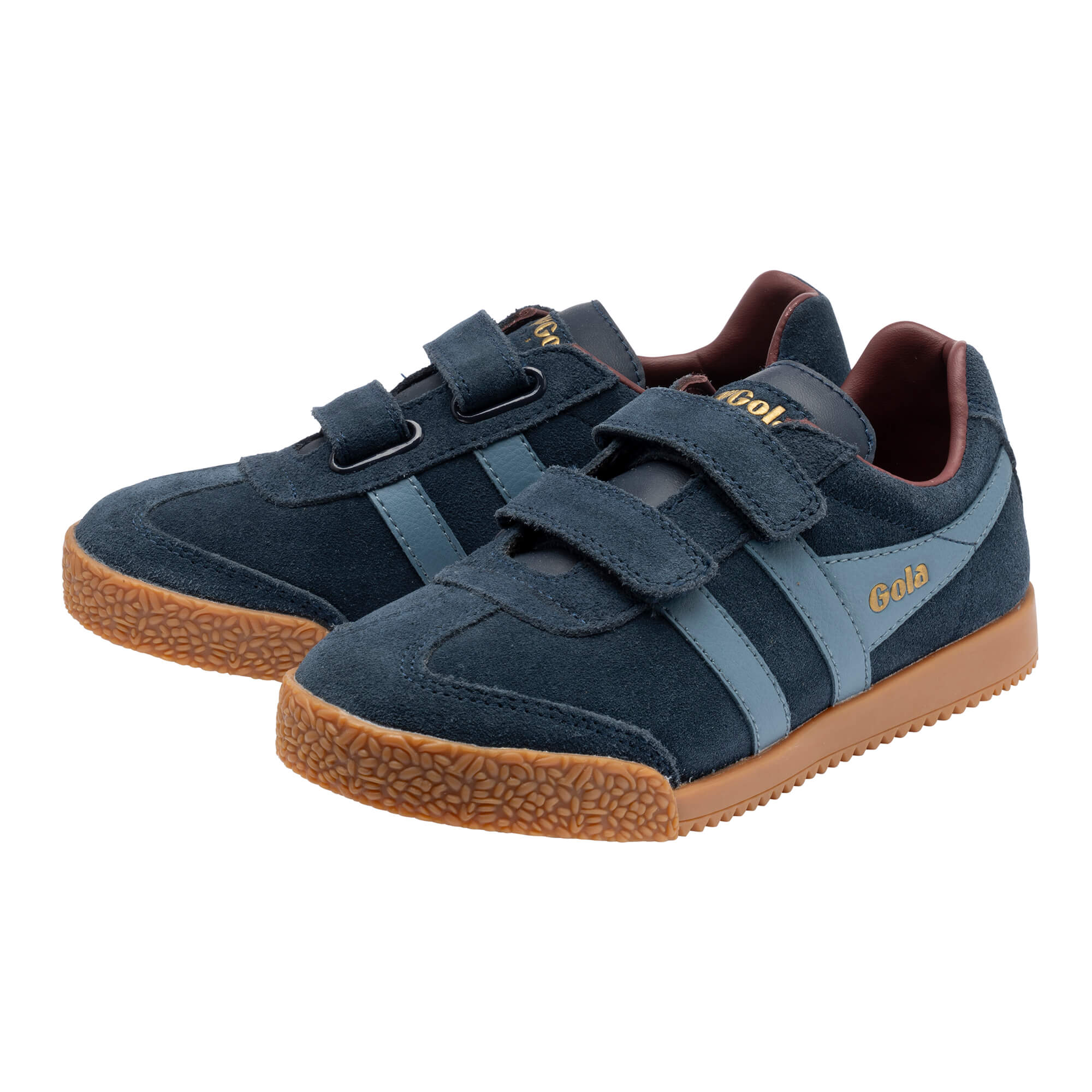 Pair of navy blue Gola trainers with light blue stripes and brown soles