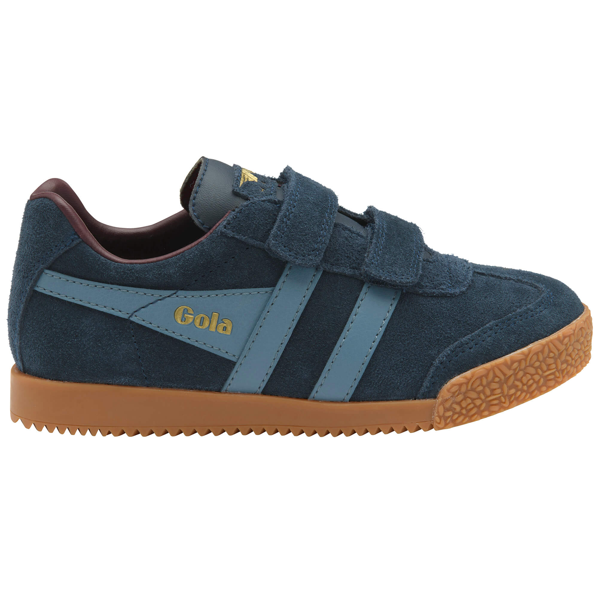 Navy blue Gola trainers with light blue stripes and brown soles