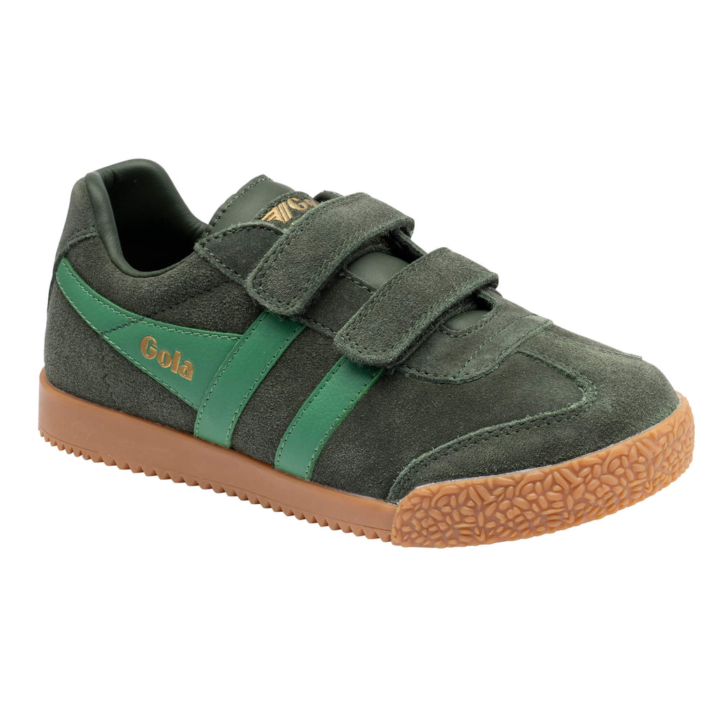 Gola Kids Coaster Velcro trainers in dark green suede with green stripes and gum sole