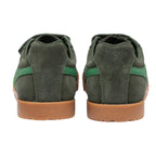 Pair of dark green suede trainers with green stripes and tan soles, rear view