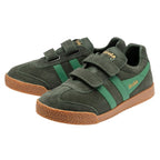Pair of Gola Kids Coaster velcro trainers in dark green suede with green stripes and gum sole