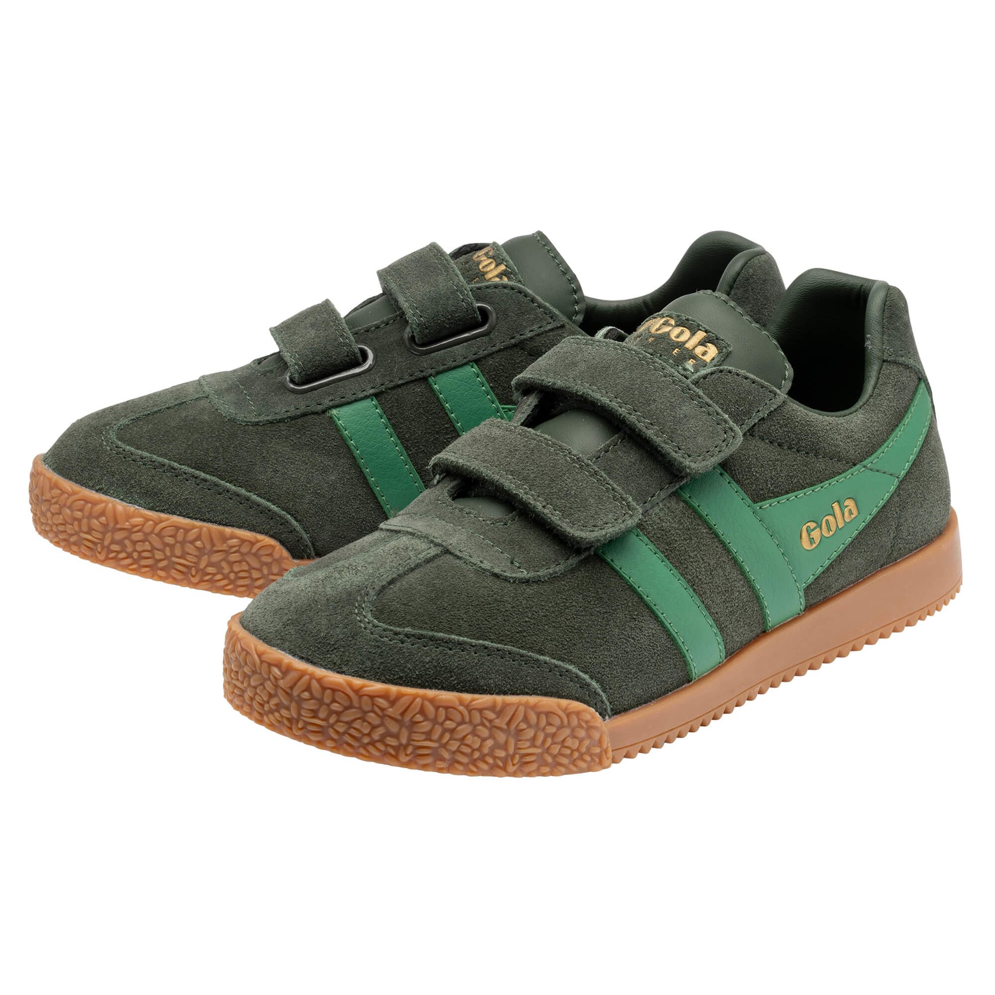 Pair of Gola Kids Coaster velcro trainers in dark green suede with green stripes and gum sole