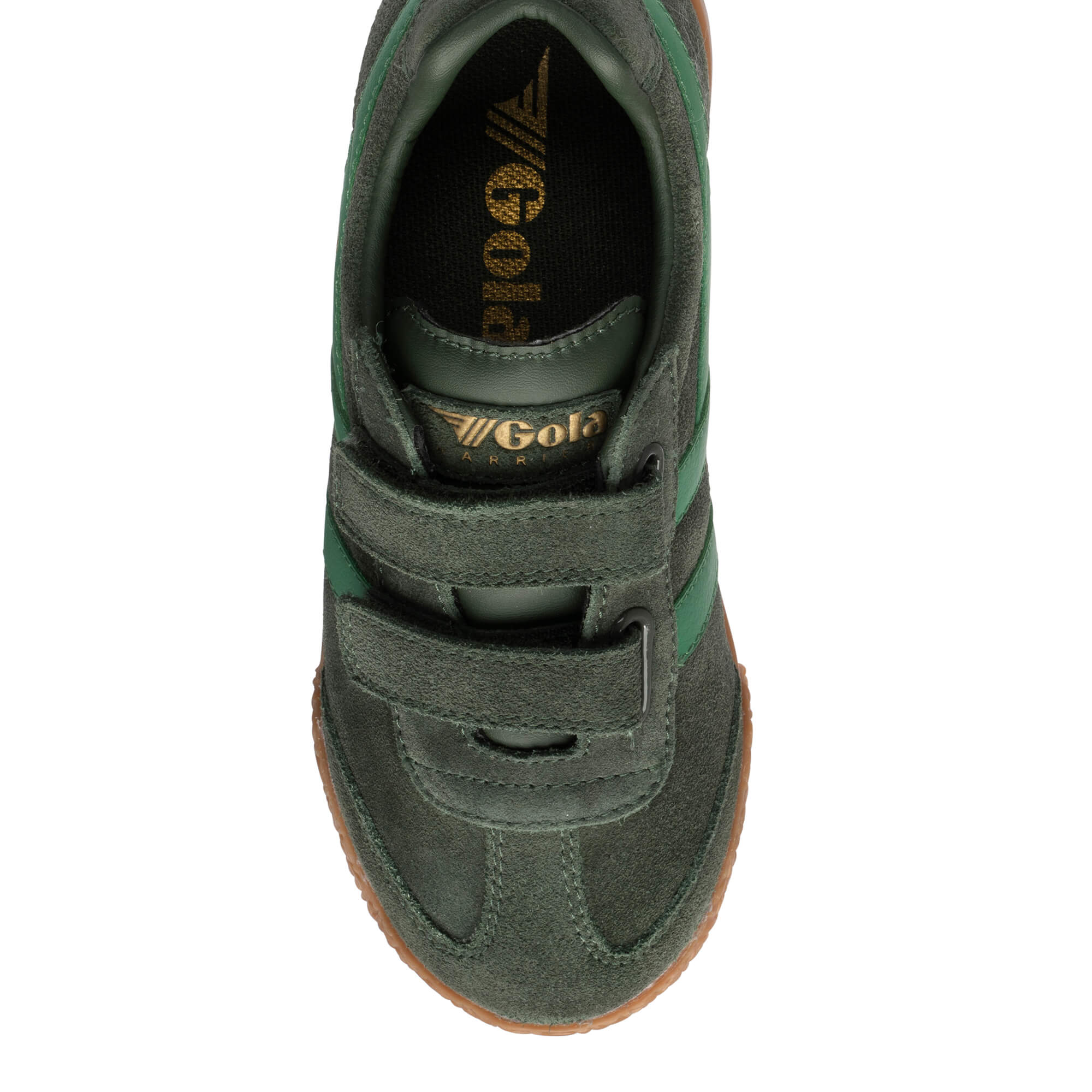 Top-down view of a dark green suede trainer with two hook-and-loop straps and a gum sole
