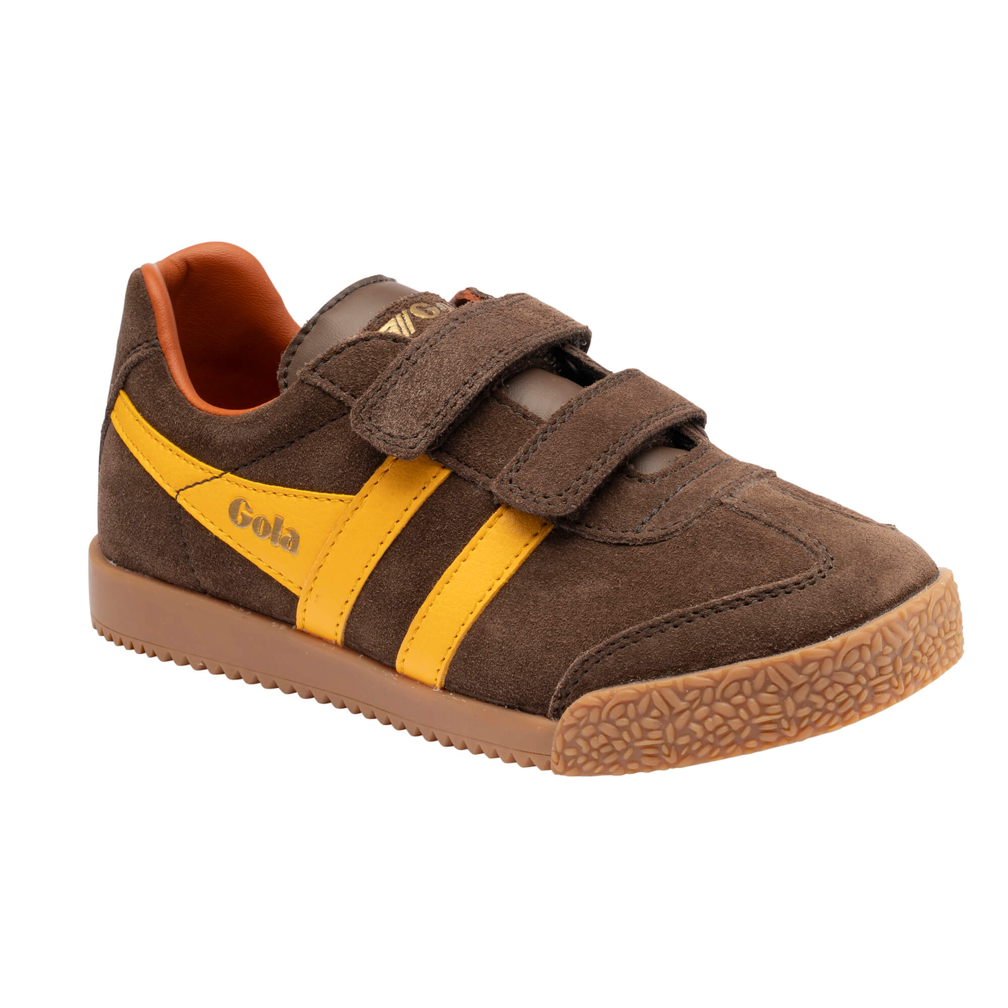 Gola Kids Coaster velcro trainer in brown with yellow stripes