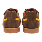 Pair of brown suede trainers with yellow stripes and tan soles, rear view