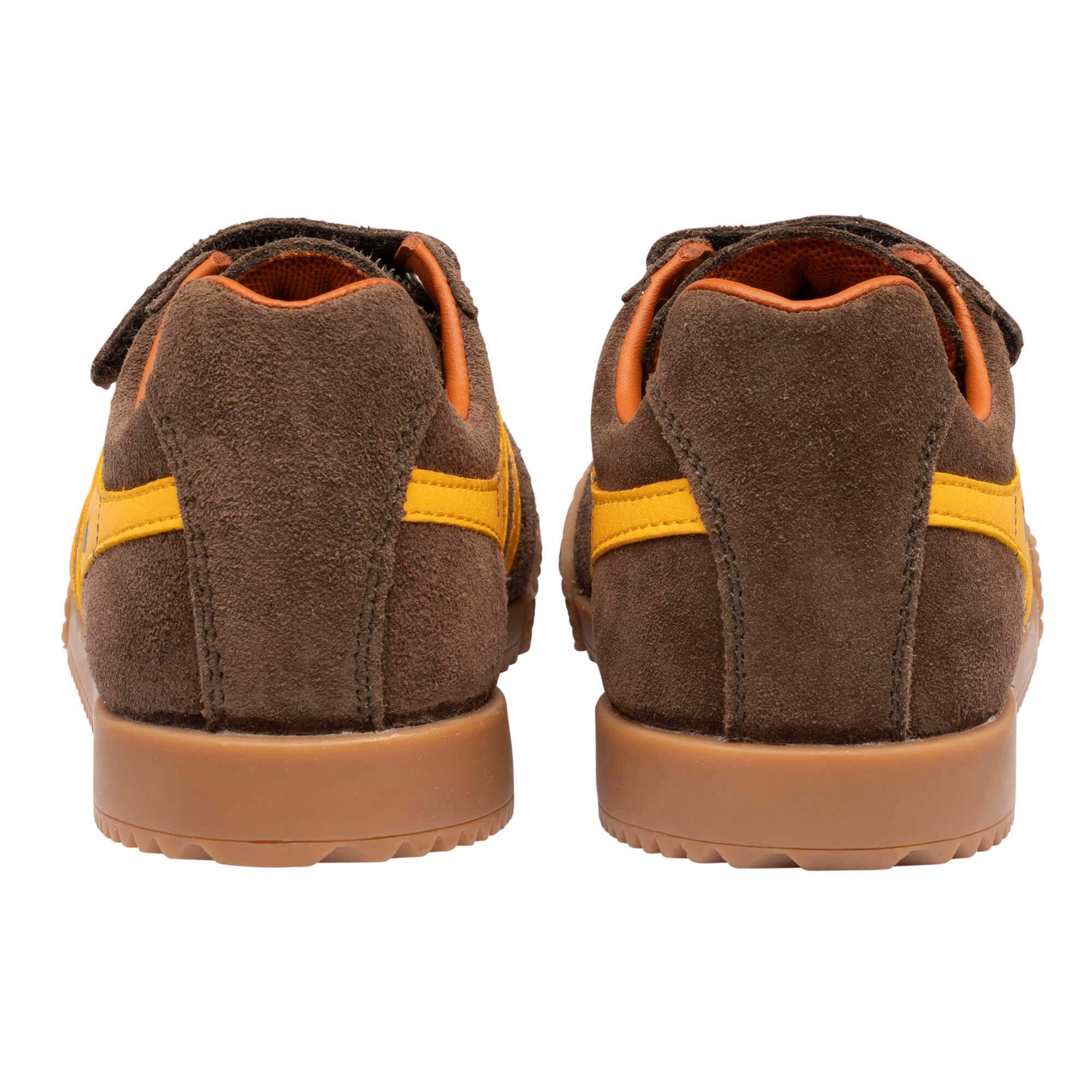Pair of brown suede trainers with yellow stripes and tan soles, rear view