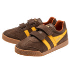 Brown suede trainers with yellow stripes and two velcro straps