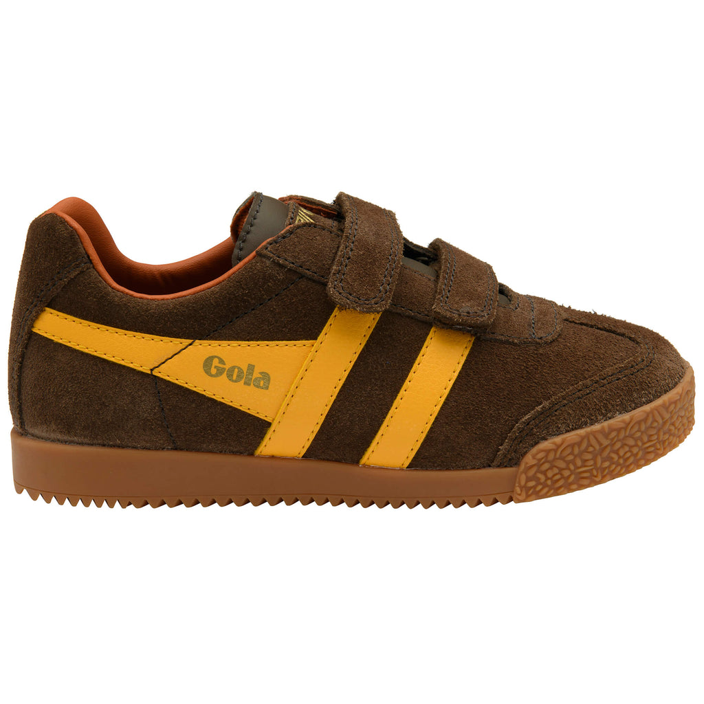 Gola Kids Coaster Velcro Trainers in brown with yellow stripes