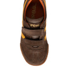 Brown suede trainer with orange trim and two hook-and-loop straps