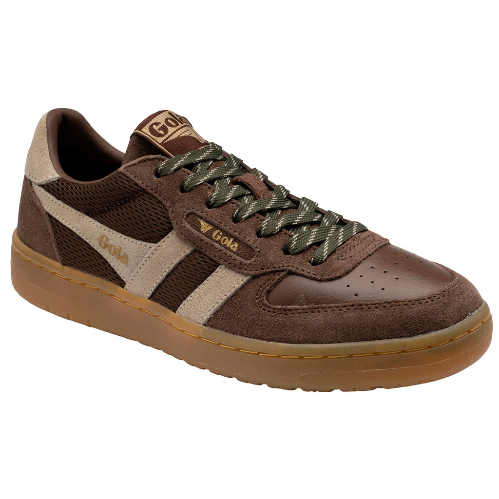 Brown Gola trainer with beige stripes and green laces