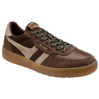 Brown Gola trainer with beige stripes and green laces