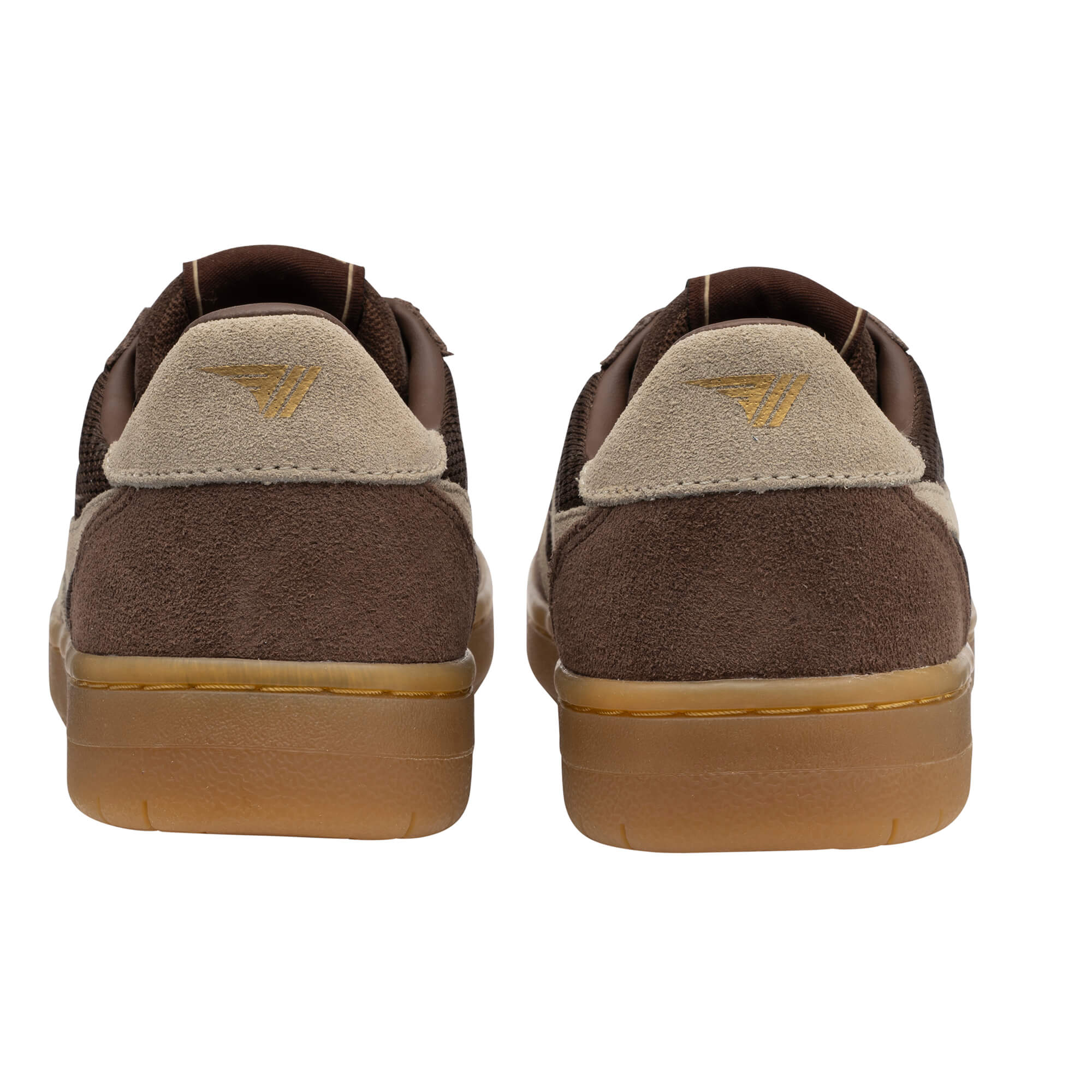 Pair of brown suede trainers with beige heel tabs and a gold logo, rear view