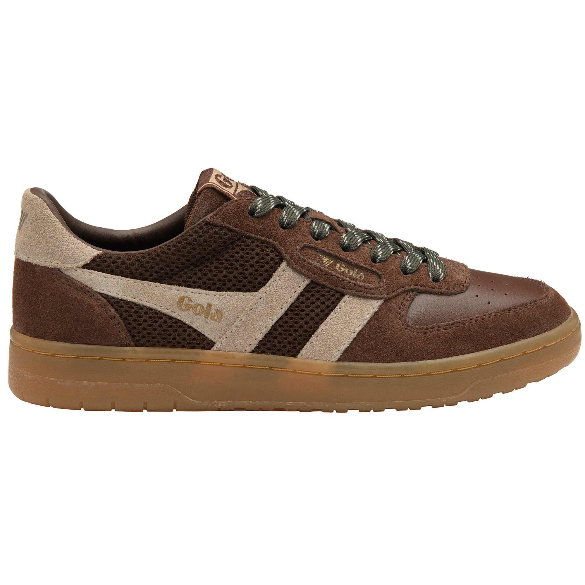 Gola men's trainer in brown with beige stripes and green laces