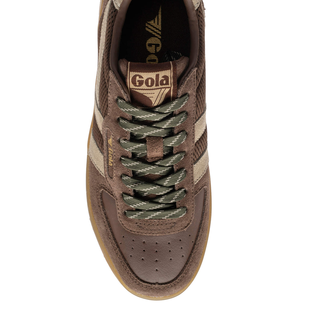 Brown Gola trainer with green and white laces