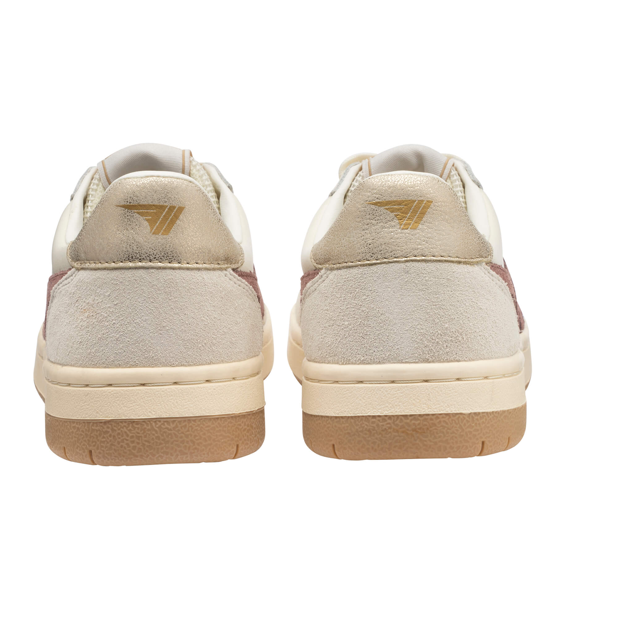 Rear view of two white and gold trainers with light brown soles