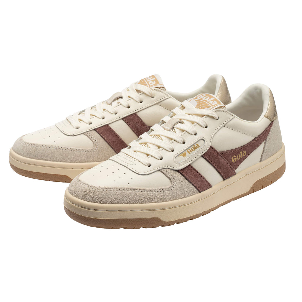 Pair of Gola Grandslam trainers in off-white with brown stripes and gold accents