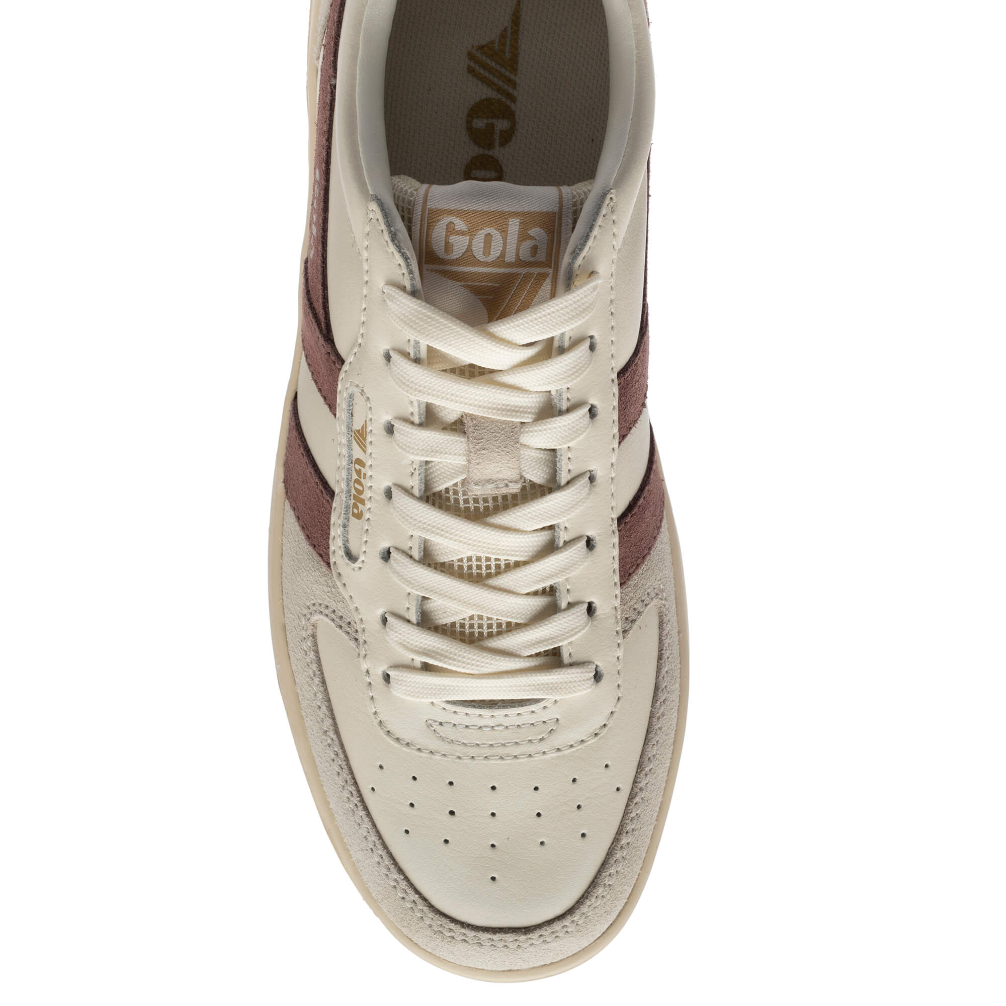 Close up of a Gola trainer in off-white with burgundy stripes and laces