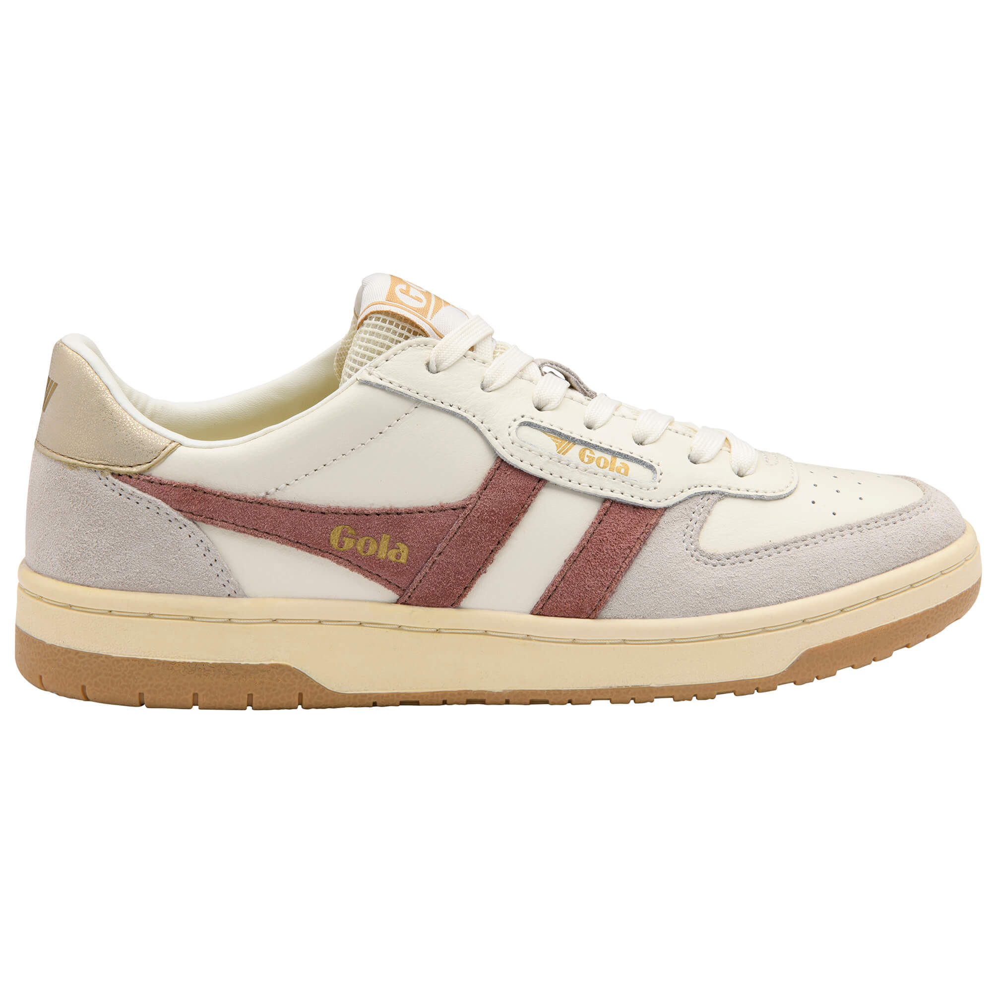 Gola women's trainer in off-white with pink suede stripes and light grey suede accents