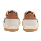 Rear view of two white and grey trainers with brown heel tabs and beige soles
