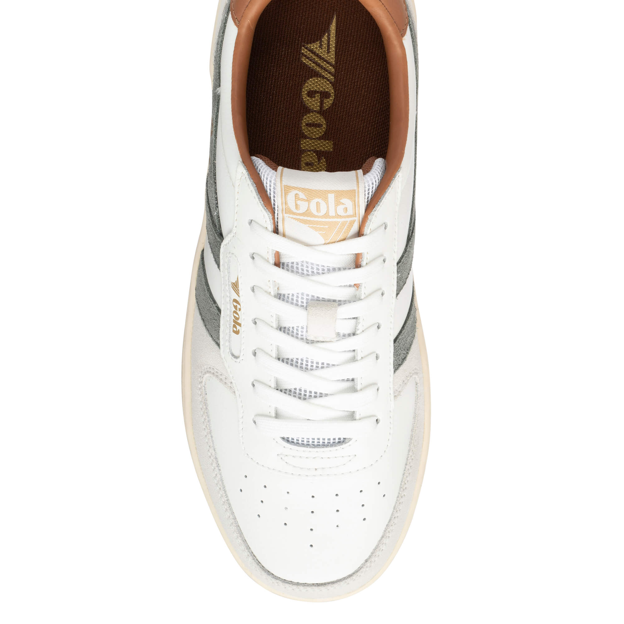 White Gola trainer with grey stripes and brown trim