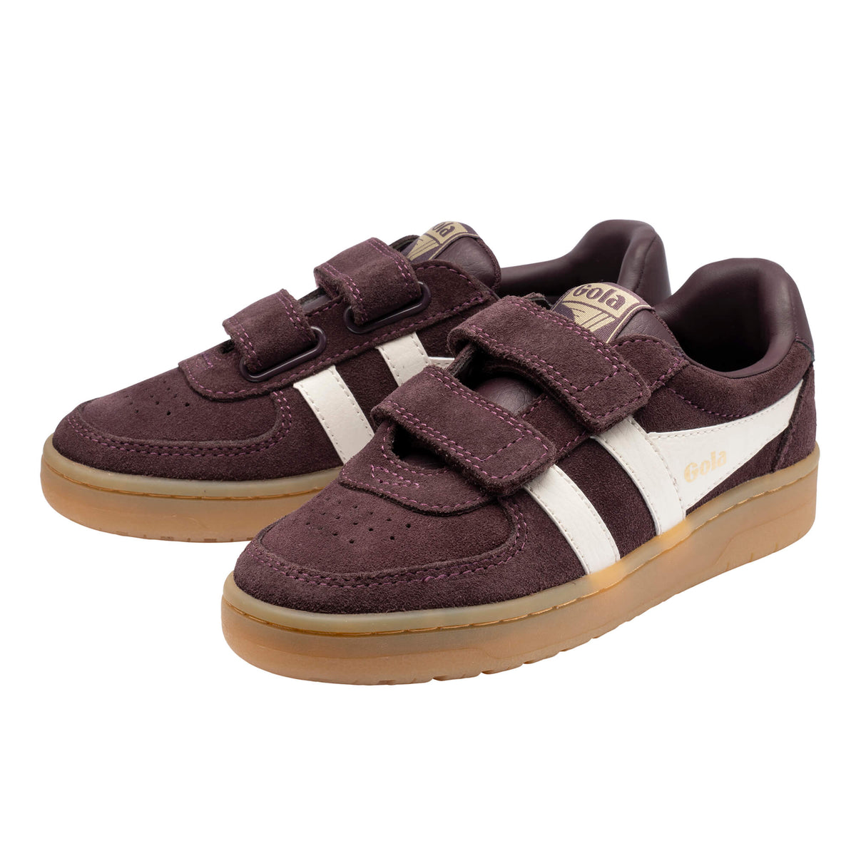 Pair of Gola Kids Coaster trainers in burgundy suede with white stripes and tan soles