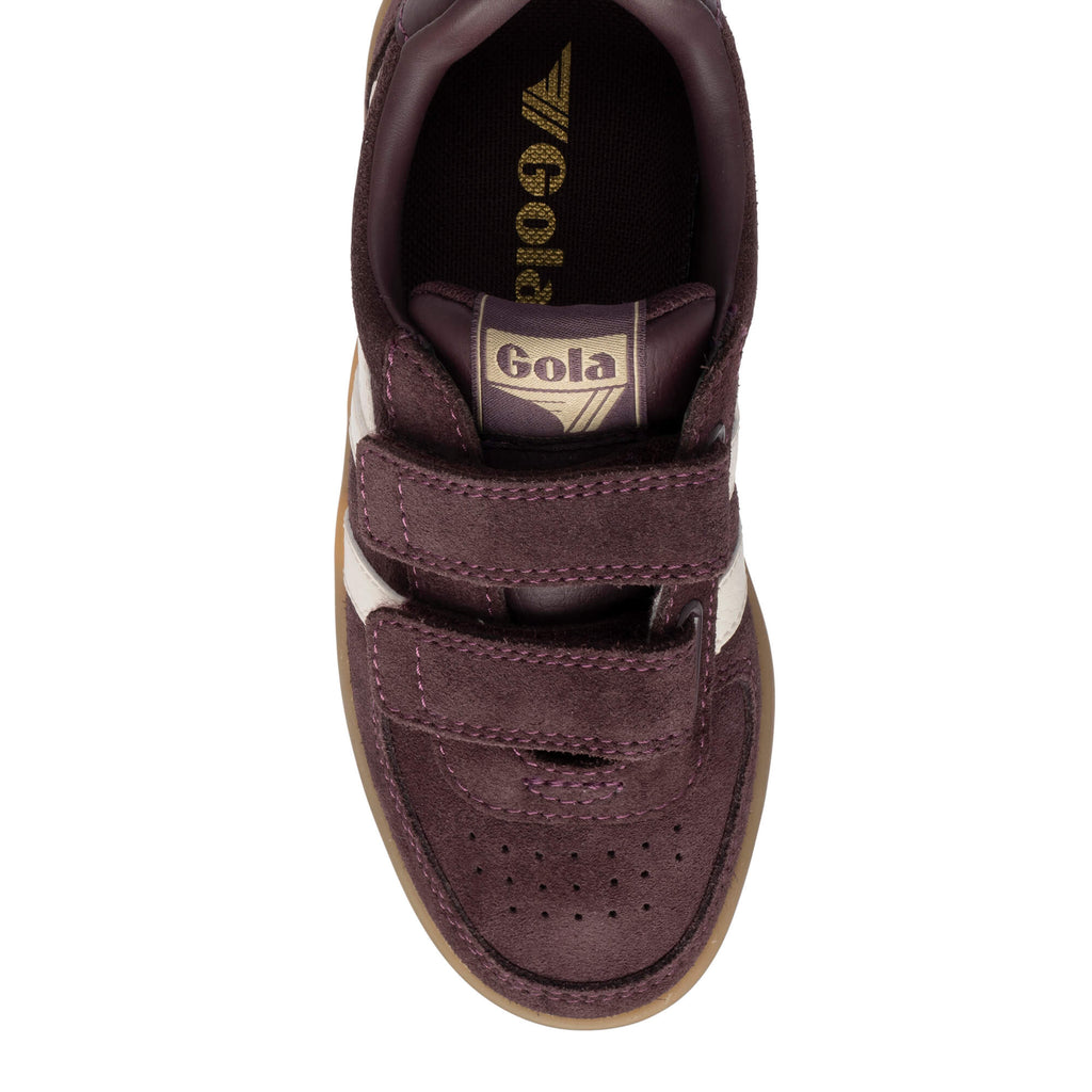 Top-down view of a burgundy Gola trainer with two hook-and-loop straps and a gum sole