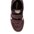 Top-down view of a burgundy Gola trainer with two hook-and-loop straps and a gum sole