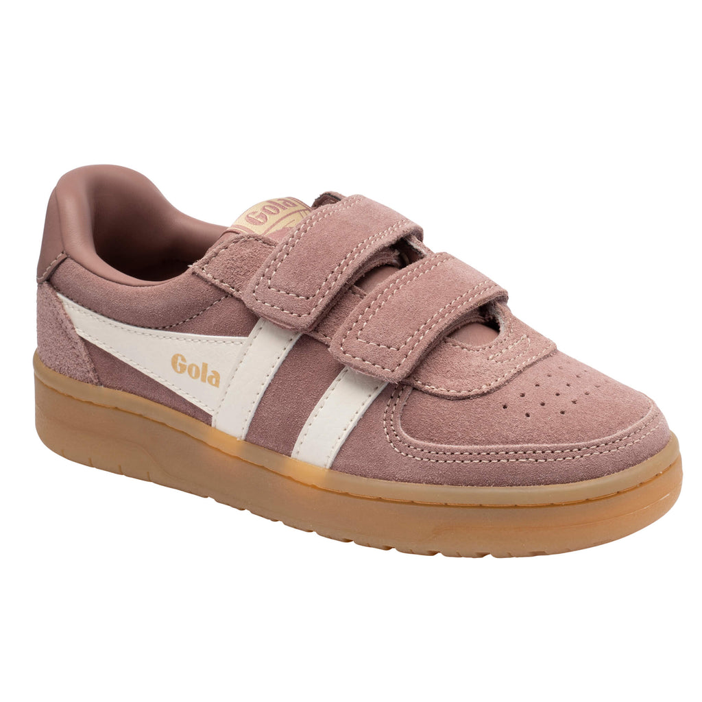 Gola Kids Coaster velcro trainers in pink suede with white stripes and a gum sole