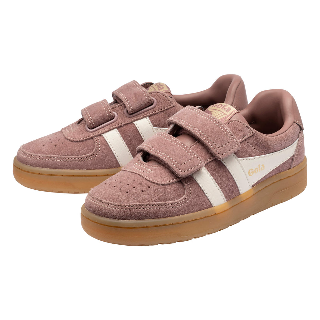Pair of Gola Kids Coaster trainers in dusky pink suede with white stripes and gum sole