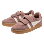 Pair of Gola Kids Coaster trainers in dusky pink suede with white stripes and gum sole