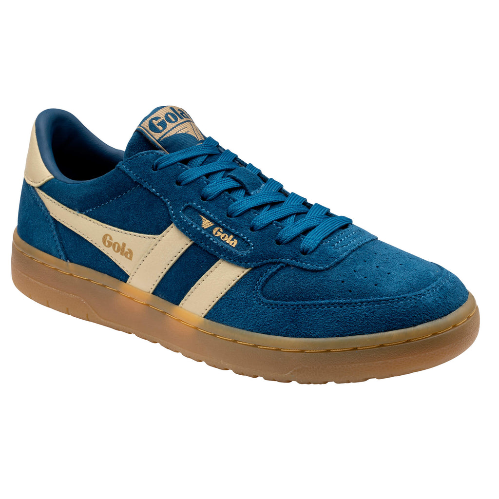 Gola Harrier suede trainer in deep blue with gold stripes and gum sole