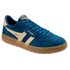 Gola Harrier suede trainer in deep blue with gold stripes and gum sole