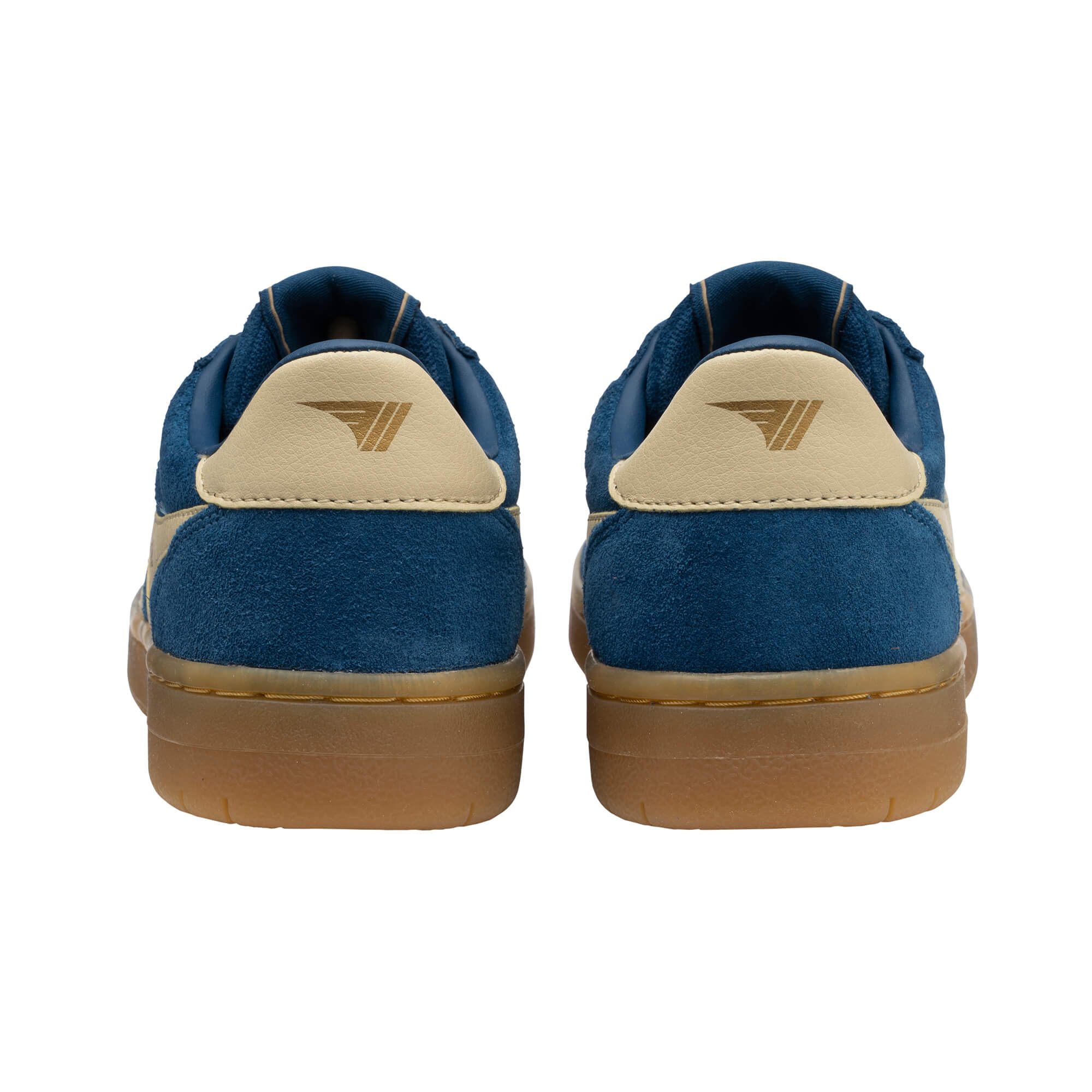 Pair of blue suede trainers with beige heel tabs and gum soles, rear view