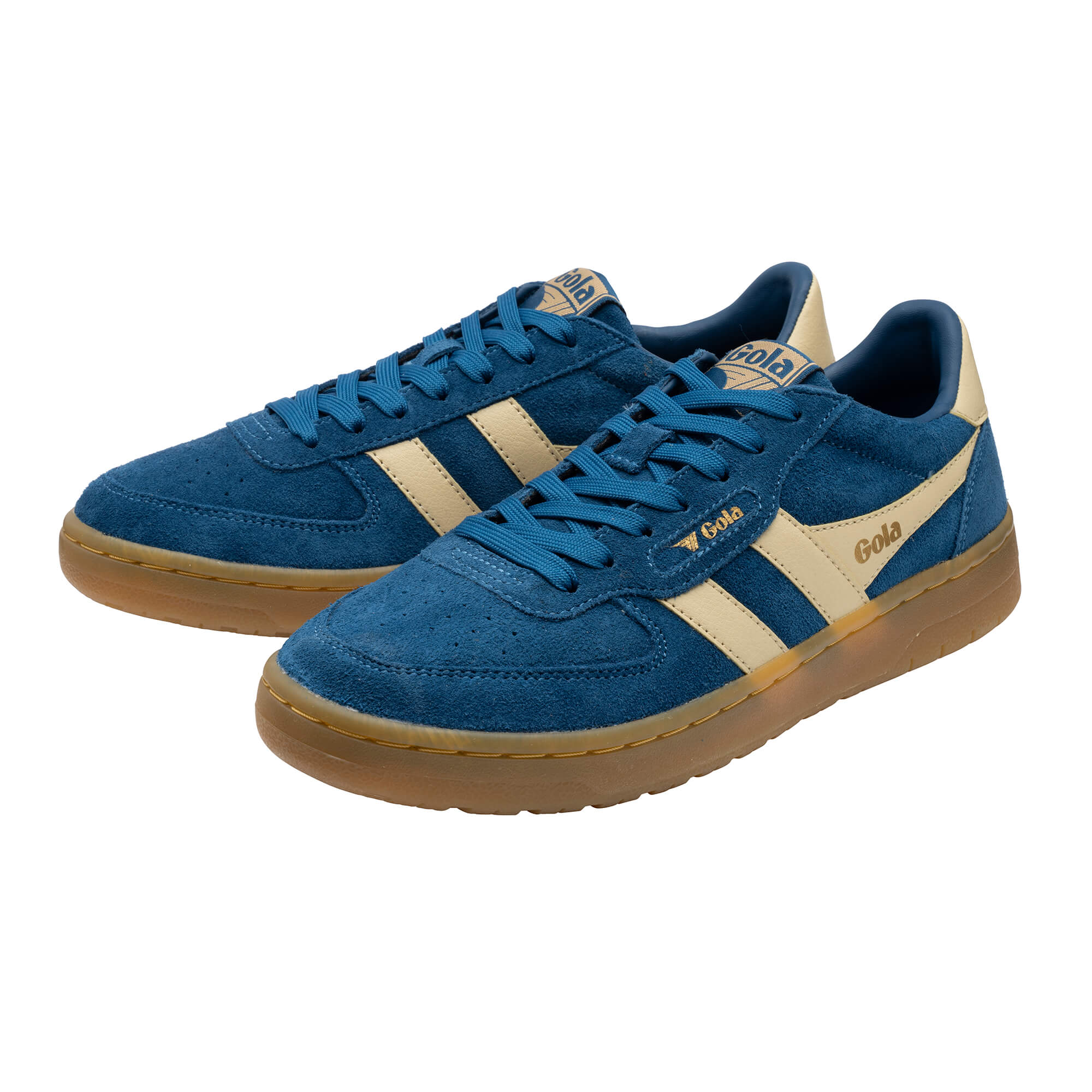 Pair of Gola sneakers in blue suede with beige stripes and gum soles