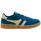 Gola men's trainer in blue suede with cream stripes and a gum sole