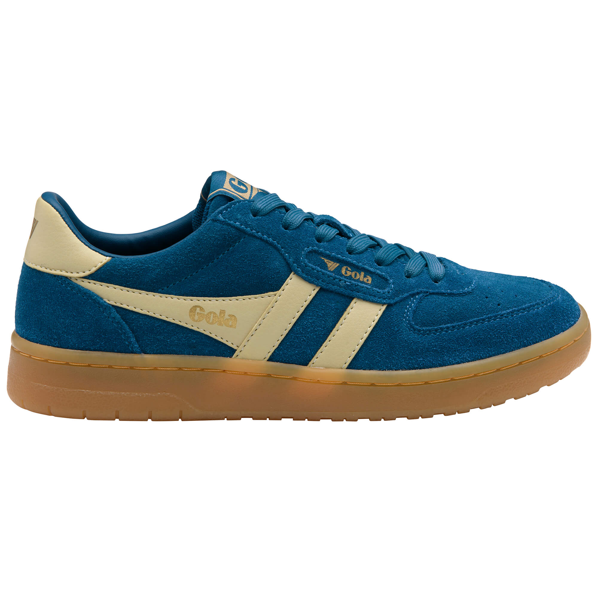 Gola men's trainer in blue suede with cream stripes and a gum sole