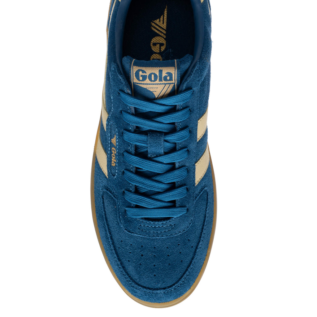 Top-down view of a blue Gola trainer with beige stripes and a gum sole
