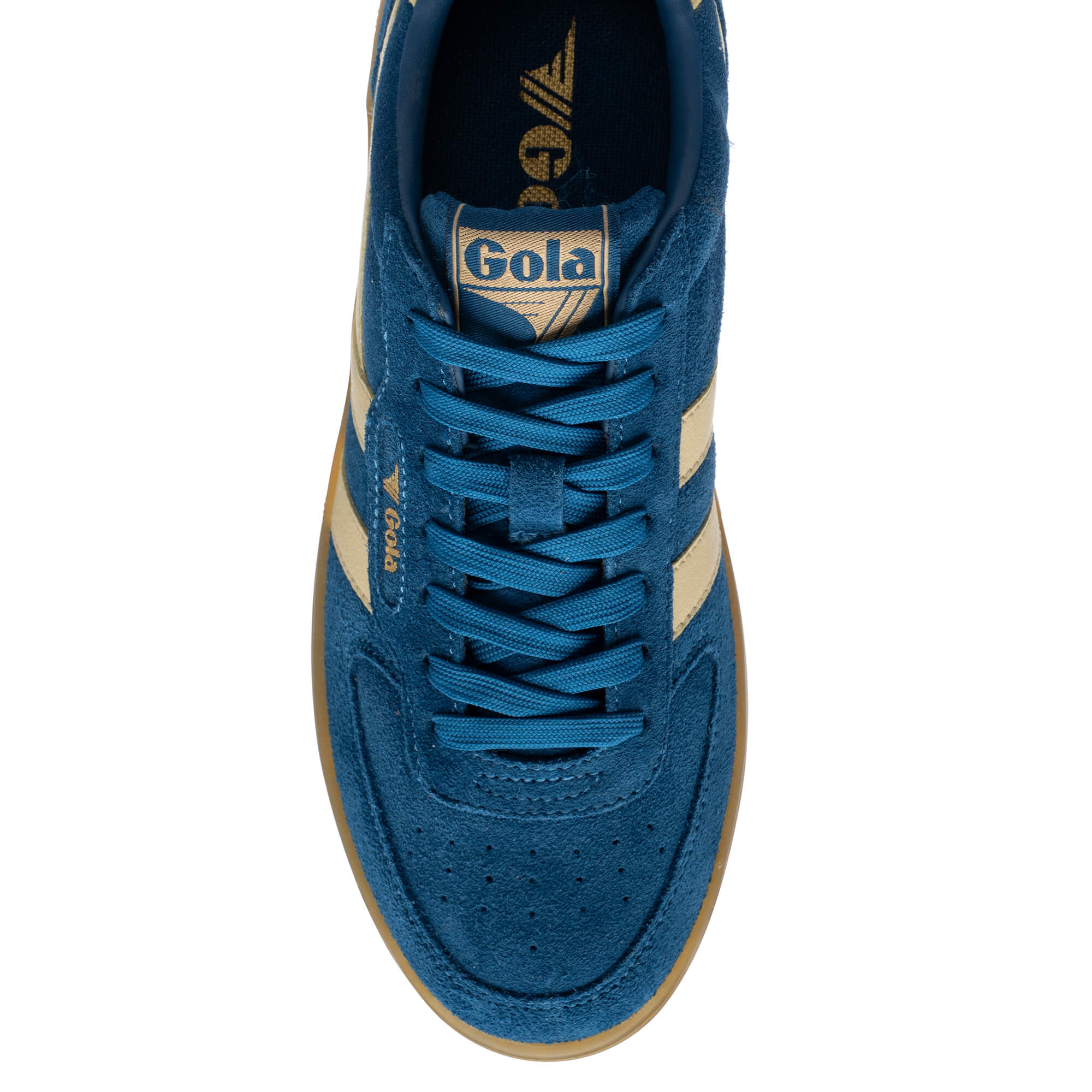 Top-down view of a blue Gola trainer with beige stripes and a gum sole
