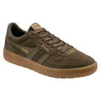 Gola men's low-top trainers in olive green suede with a brown rubber sole