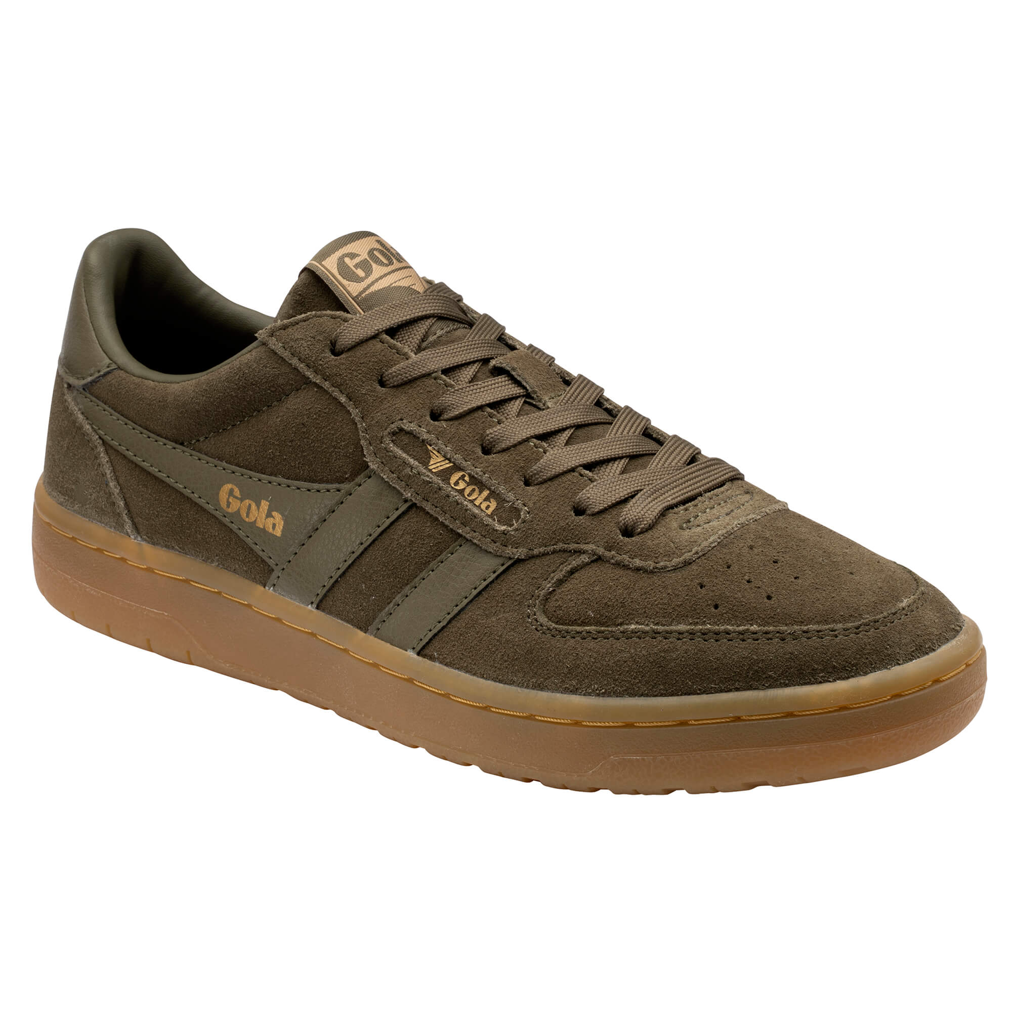 Gola men's low-top trainers in olive green suede with a brown rubber sole