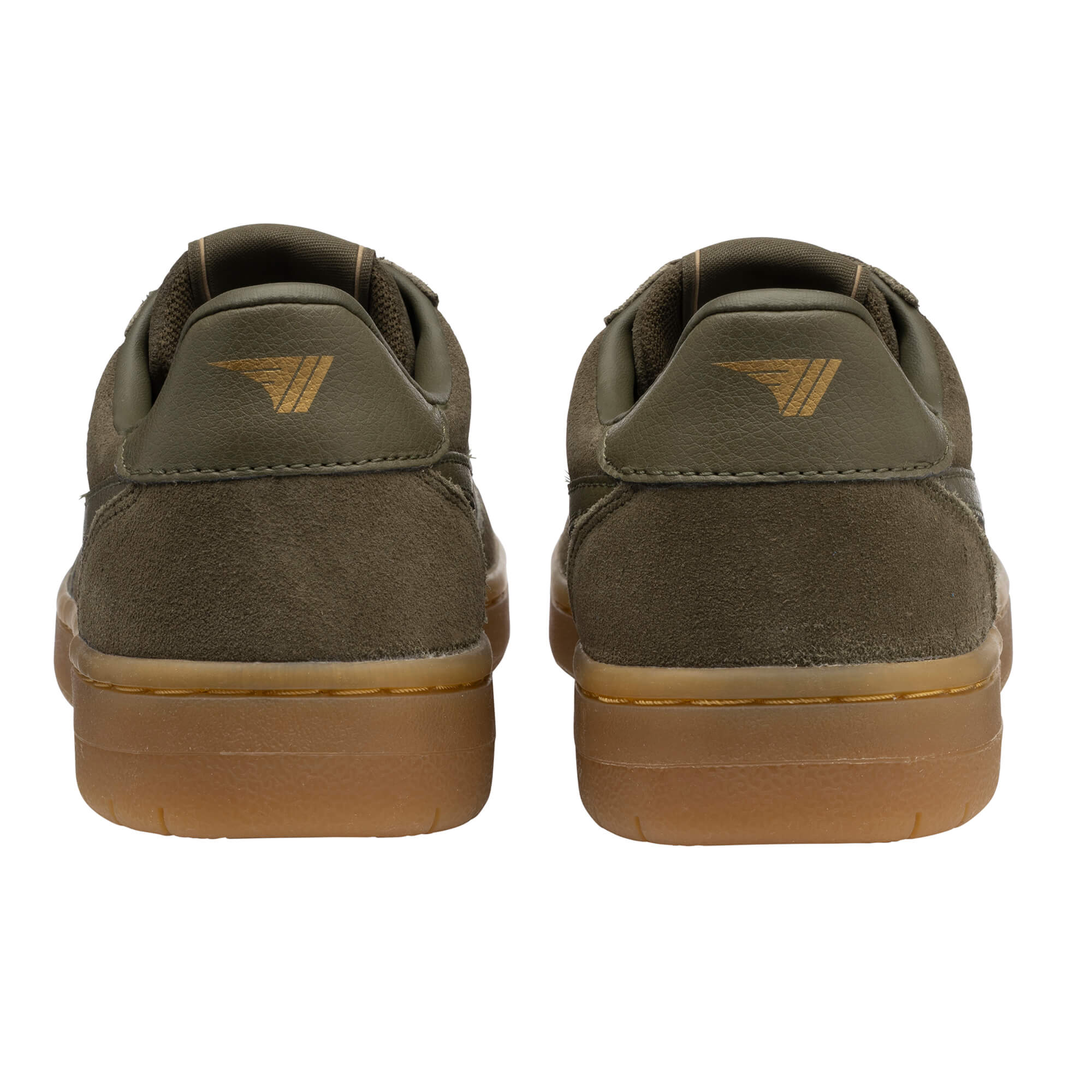 Pair of khaki green suede trainers with brown soles, rear view