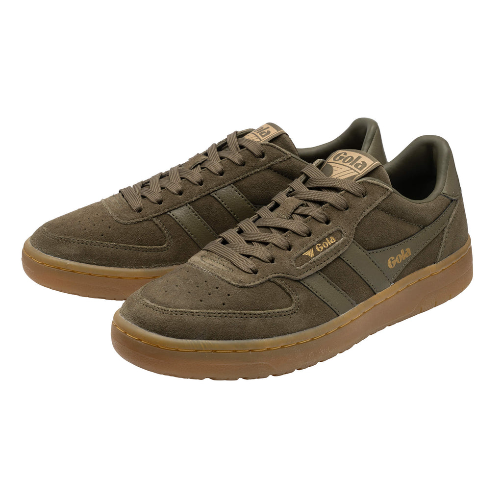 Pair of Gola men's trainers in dark olive green suede with brown gum soles