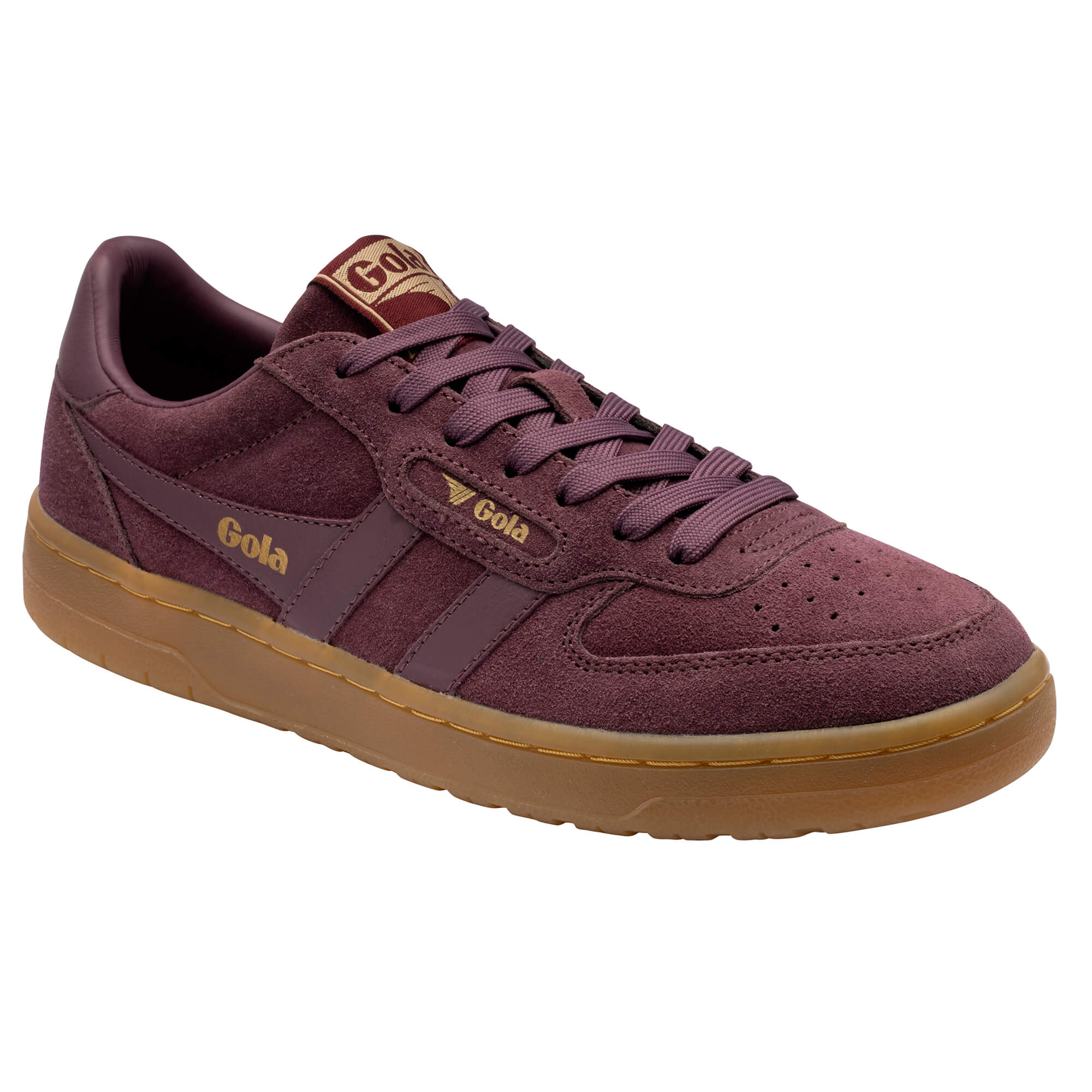 Gola men's low-top trainer in burgundy suede with a gum sole
