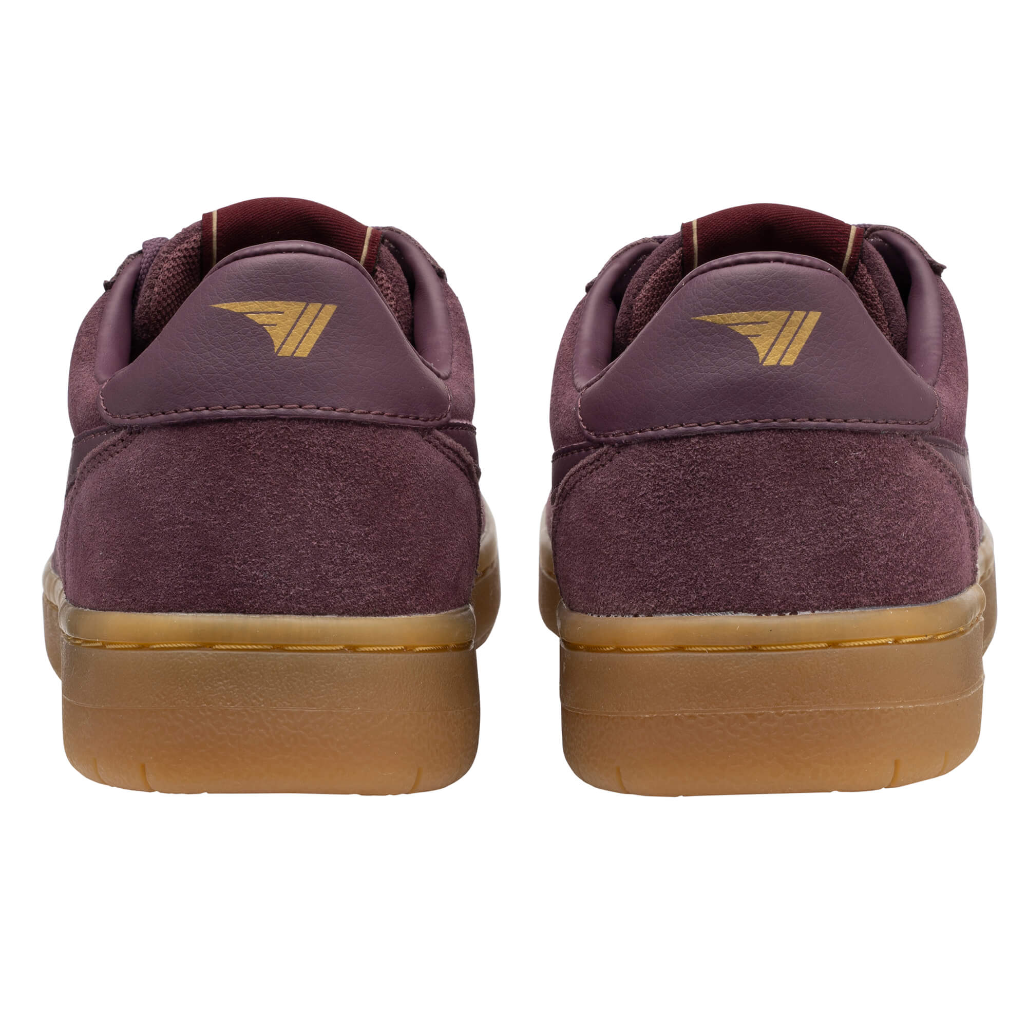 Pair of burgundy suede trainers with gum soles, rear view