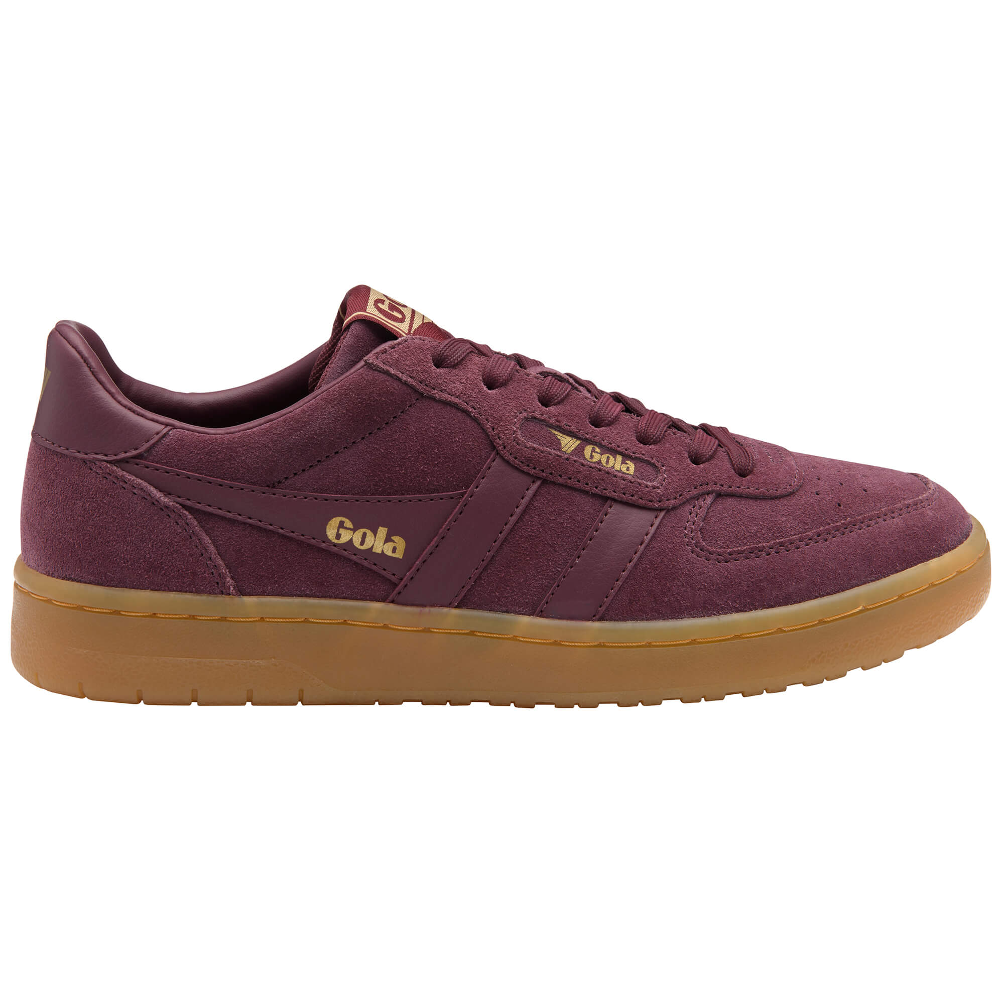 Gola men's low-top trainers in burgundy suede with a gum sole