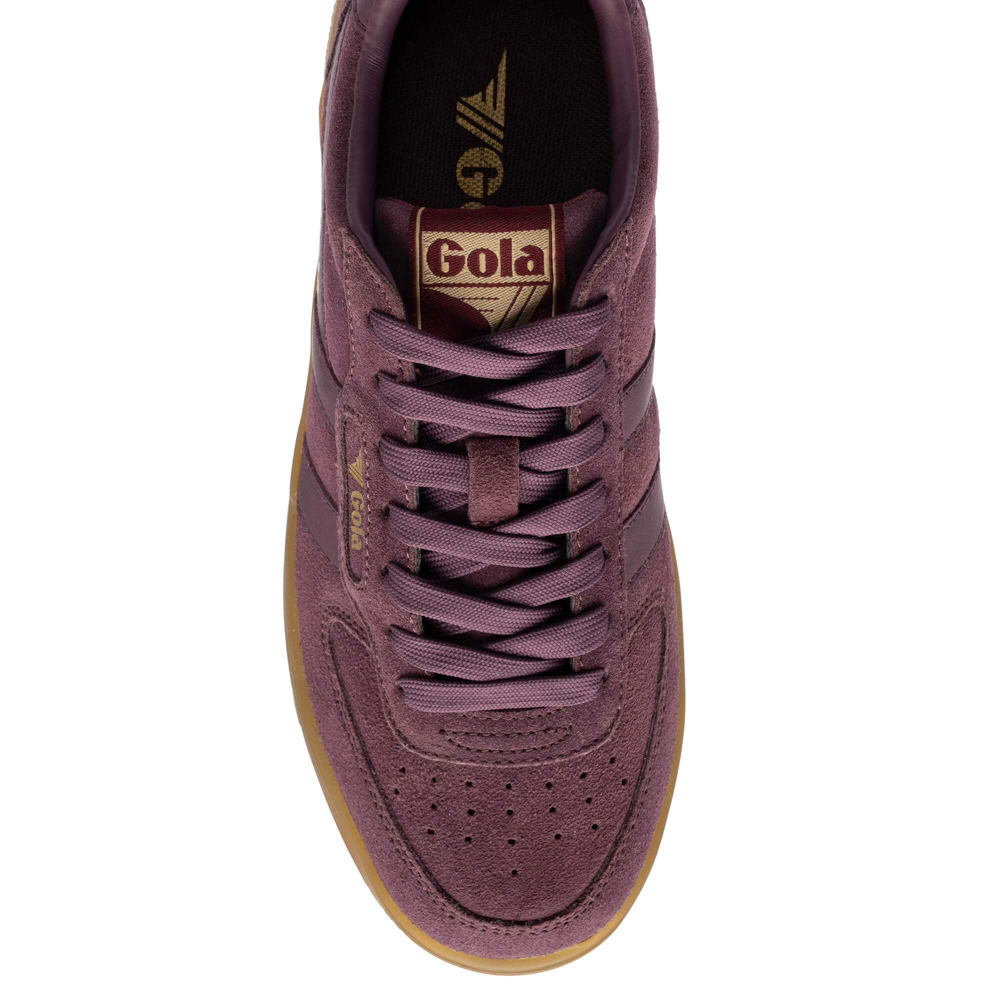 Top-down view of a Gola trainer in plum suede with a gum sole and plum laces