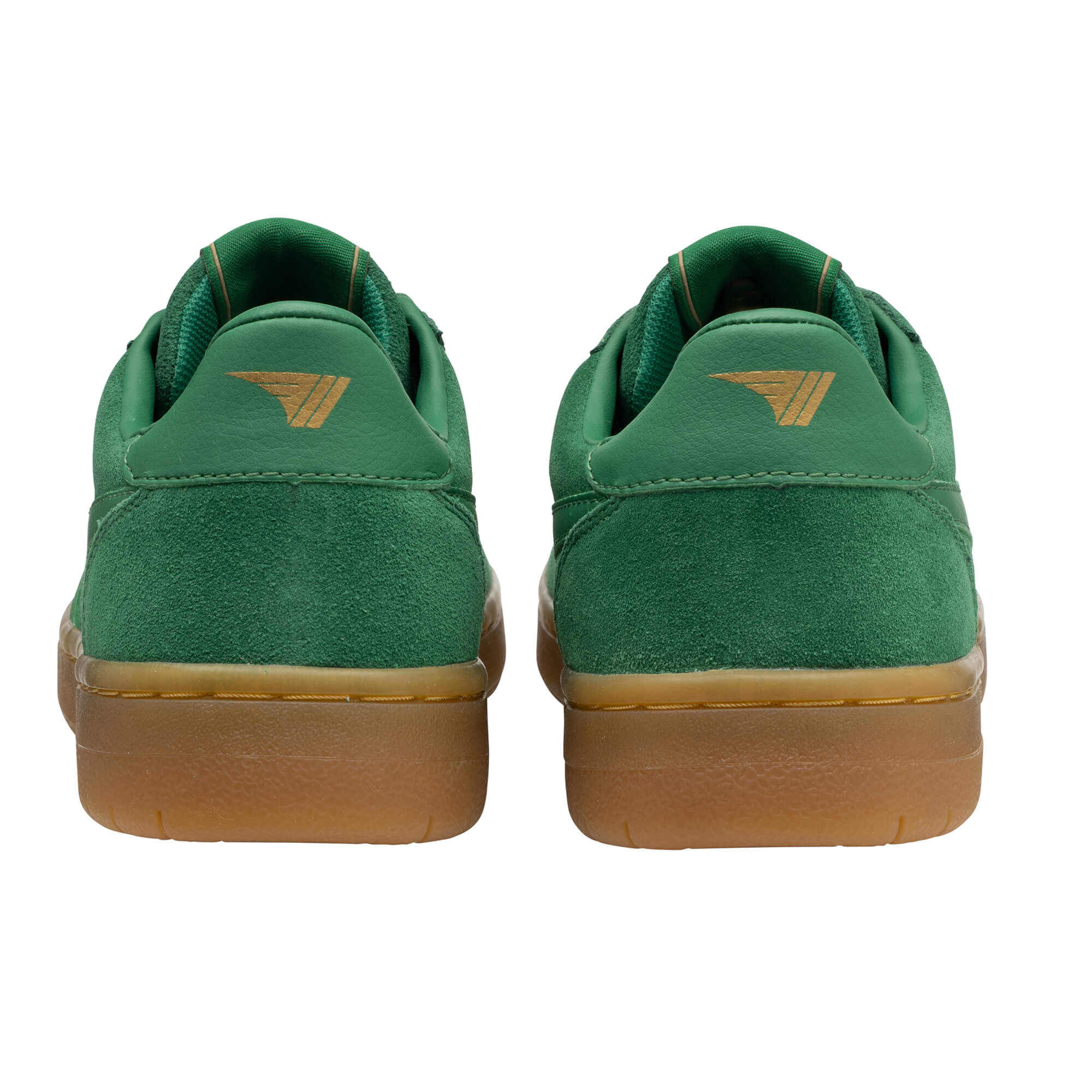 Pair of green suede trainers with brown soles, viewed from the back
