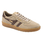 Gola men's trainer in beige suede with brown stripes and a gum sole