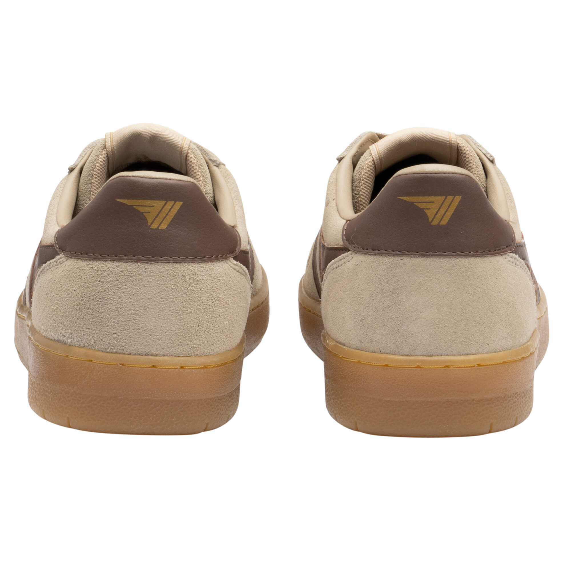 Rear view of two beige suede trainers with brown heel tabs and gum soles